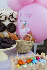 candy table decorated with easter bunny and carrots. close-up candy and wicker basket with carrots