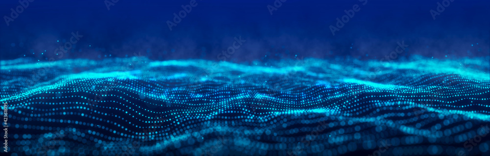 Poster Wave of particles. Dynamic wave on blue background. Big data visualization. Data technology abstract futuristic illustration. 3d rendering.
