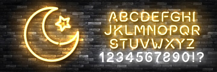 Vector realistic isolated neon sign of Ramadan Kareem Crescent with easy to change color alphabet font logo for invitation decoration and template covering on the wall background.