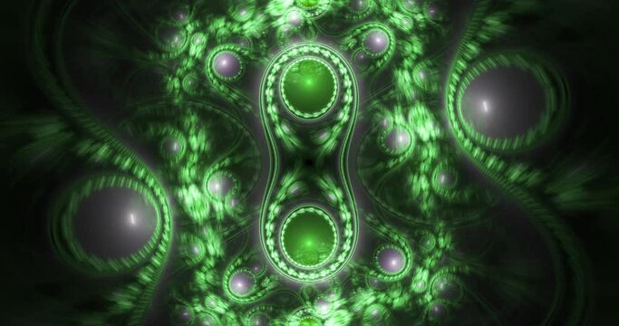 Abstract fractal 4k video made out of interconnected interwoven balanced rings, beams,balls and stars with an intricate wavy decorative pattern in glowing light colors.