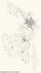 Black simple detailed street roads map on vintage beige background of the quarter Södertälje municipality of Stockholm county, Sweden