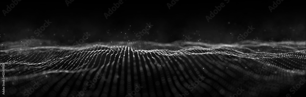Poster wave of particles. dynamic wave on black background. big data visualization. data technology abstrac