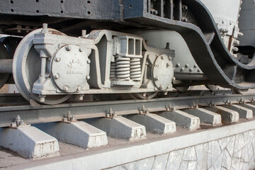 Carriage bogie, perspective view. The main element of the carriage running gear, close-up. A wagon...