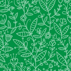 Seamless pattern with different plants and  flowers on green background. Vector print with herbs. Botanical doodle wallpaper.