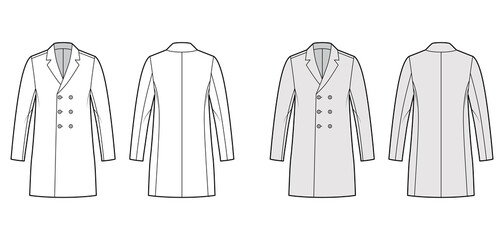 Classic coat technical fashion illustration with thigh length, notched shawl collar, oversized body, double breasted. Flat jacket template front, back, white, grey color. Women, men, unisex CAD mockup