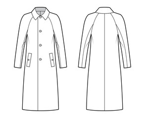 Balmacaan coat technical fashion illustration with raglan long sleeves, regular collar, oversized body, midi length. Flat jacket template front, back, white color style. Women, men, unisex CAD mockup