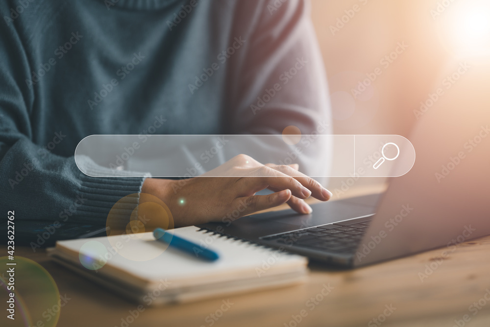 Leinwandbilder Data Search Technology Search Engine Optimization. woman's hands are using a computer keyboard to Searching for information. Using Search Console with your website.