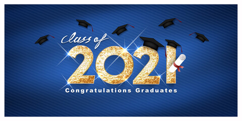Vector text for graduation gold design, congratulation event, T-shirt, party, high school or college graduate. Lettering Class of 2021 for greeting, invitation card	