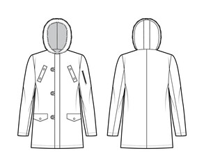 N-3B flight parka technical fashion illustration with oversized, fur hood, long sleeves, flap pockets, button loop opening. Flat coat template front, back white color style. Women men top CAD mockup © Vectoressa