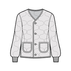 ALS 92 field jacket liner technical fashion illustration with oversized, long sleeves, oval patch pockets, Onion quilted shell. Flat coat template front, grey color style. Women men unisex CAD mockup