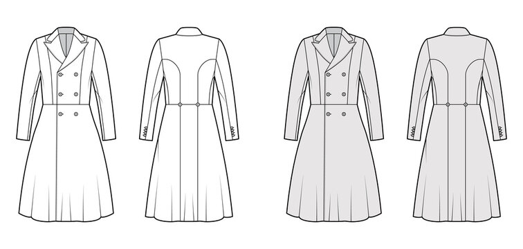 Redingote coat technical fashion illustration with double breasted, long sleeves, peak collar, knee length. Flat jacket template front, back, white, grey color style. Women, men, unisex top CAD mockup