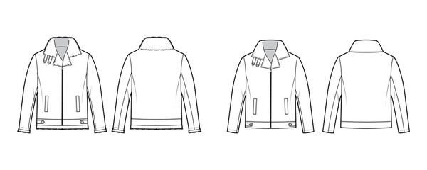 Set of Zip-up Bombers leather jacket technical fashion illustration with tabs, oversized, thick collar, long sleeves, welt pockets. Flat coat template front, back white color. Women men unisex top CAD © Vectoressa