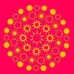 Circle shaped ornament made of doodle sun. Yellow suns on crimson background. Vecto, eps10. 
