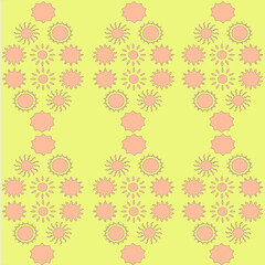 A seamless pattern ornament made of light pink sun doodles on a yellow background.  Vector, eps 10