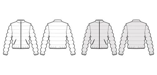 Down jacket puffer waistcoat technical fashion illustration with long sleeve, stand collar, zip-up closure, pockets, body. Flat template front, back, white, grey color style. Women, men top CAD mockup