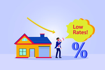 Low rates vector concept: Businessman yelling low rates using megaphone with falling down arrow 