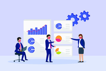 Business stock vector concept: Businesspeople doing presentation with stock graph while wearing face mask in new normal 