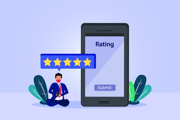 User experience vector concept: Young businessman giving five stars on virtual screen smartphone while wearing face mask in new normal 