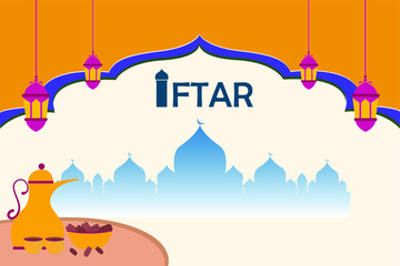 Fototapeta premium Ramadan vector concept: Ramadan background with iftar text with date palm fruit and silhouette of mosque