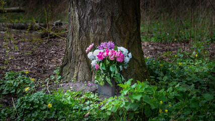 Bunch of colourful flowers in flower pot left outside at base of tall oak tree.