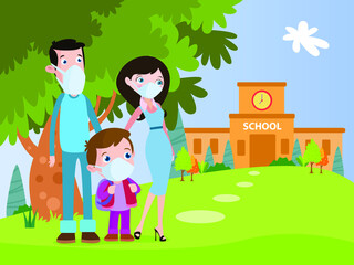 Back to school vector concept: Parents taking their son to school at first day school while wearing face mask