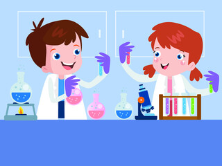 Science vector concept: Little scientist doing chemical experiments with glassware in the laboratory