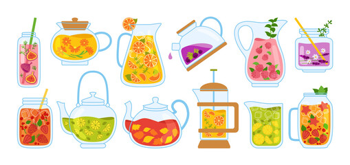 Cup of tea and cocktails cartoon set. Tea time mug teapot and herbs, fruits, ingredients for drinks. Summer hand drawn flowers, berries for poster, menu. Flat design colored trendy vector illustration
