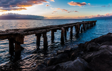 Fototapeta na wymiar Sunset Over Lanai and The Historic Mala Wharf, Lahaina, Maui, Hawaii, USA