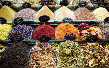 Showcase for sales of herbs, spices and tea on the Grand Bazaar, Istanbul. Traditional turkish...