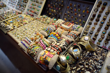 Showcase for sales of jewelry and bijouterie on Istanbul grand bazaar marketplace. Rings, earrings,...