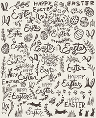 Easter doodles. Flowers, plants, letterings, rabbits and Easter eggs. Vector illustration.