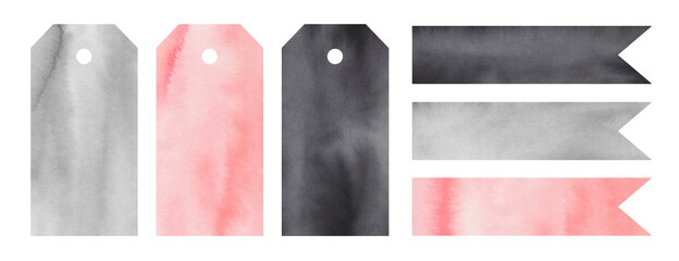 Watercolour collection of beautiful artistic gift tags and ribbons. Patel rose, soft grey and black color, classic rectangular shape. Cut out elements for print, scrapbook design, celebration event.