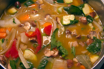 Close-up of a Pot of Colorful Homemade Vegetable Soup
