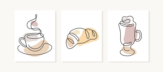 Coffee posters. One line vector illustration. A cup of coffee with steam, croissant and irish coffee.