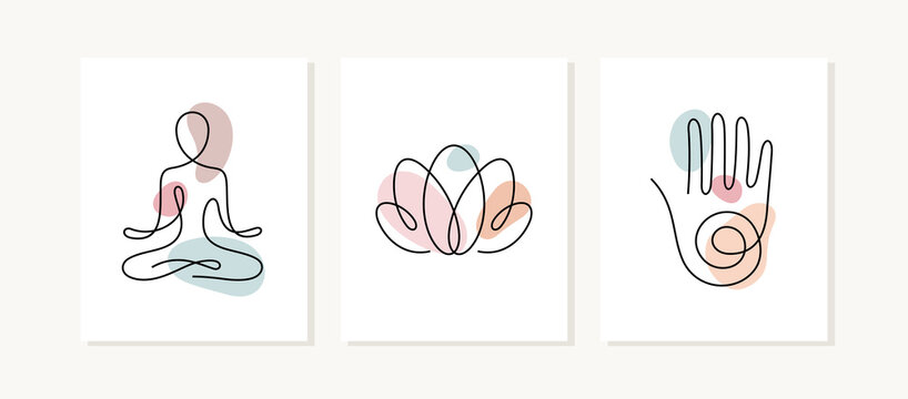 Yoga posters. One line vector illustration. Lotus position, lotus flower and hand, spiritual sign.