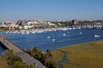Fototapeta na wymiar Aerial View of Charleston, South Carolina City, River and Bridge