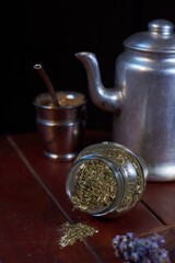 mate with kettle and yerba garnished with sea leaves