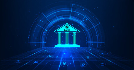 Banking Technology concept.Isometric illustration of bank on dark blue technology background. Digital connect system.Financial and Banking  technology concept.Vector illustration.EPS 10.