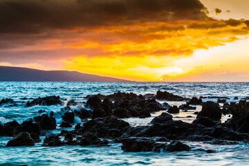 Sunset at Paako Cove aka Secret Beach With Kaho'olawe Island in the Distance, Maui, Hawaii, USA