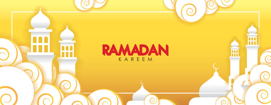 Ramadan Kareem Banner. White Clouds and Towers on Sunset Sky Background Vector Illustration for greeting card, poster and voucher.