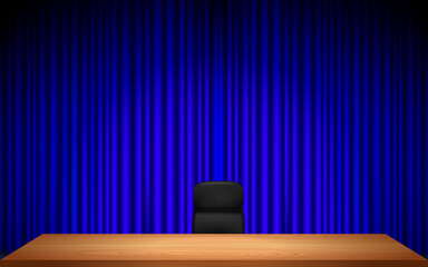 wooden table and chair blue curtai background in the hall