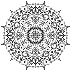 Mehndi flower for henna, mehndi, tattoo, decoration. decorative ornament in ethnic oriental style. coloring book page.