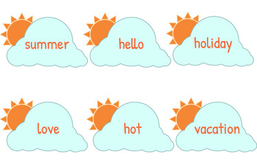 Vector illustration of speech bubbles of sun and cloud on white background and lettering hello summer, summer background concept, minimalistic style.
