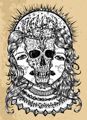 Grunge illustration with halves of woman face and scary skull between them.