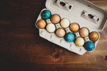 Hard-boiled eggs colored with natural dyes