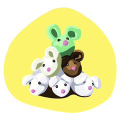 Six cute colorful mice, built in a pyramid.