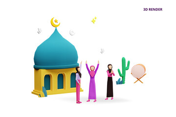 3D render ramadan mubarak greeting concept with people character for web landing page template, banner, presentation, social, and print media. islamic eid fitr or adha flat design vector illustration