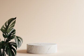 Circular marble podium with leaves in the foreground. It has a beautiful cream colored background.3d rendering.