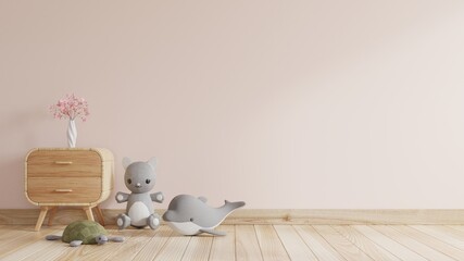 Children's room with the empty pinkish cream-colored walls is decorated with dolls, with flower vases placed on the cabinets, located on the wooden floor.3d rendering.