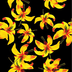Black Seamless Background. Beige Pattern Botanical. Golden Tropical Vintage. Yellow Flower Background. Floral Foliage. Wallpaper Foliage. Flora Palm. Spring Background.